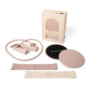 lot 3794 image: Blogilates Tone and Sculpt Fitness Kit Slider Discs Toning Tube and Resistance Band - LightMedium - Retail $20