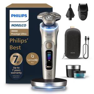 lot 3803 image: Philips Norelco Shaver i9000 Prestige Ultra, Wet & Dry Electric Shaver, White Gold, SenseIQ Pro Technology, Triple Lift & Cut System, 360 Rotating NanoTech Precision Blades, Beard Styler, XP940388 - Retail $380