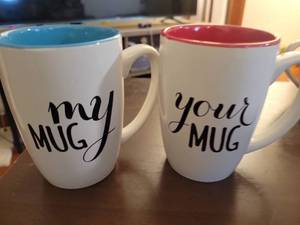 lot 21142 image: My Mug Typography Coffee Cups small chip in blue one check photos