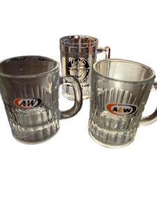 lot 21148 image: A&W glass mini mugshot glass and Fears Beer Exploration Place plastic mini mug shot glass