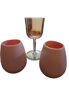 lot 21168 image: Modern Wine Glass Set with Pink Silicone Tumblers plus camping wine glass comes apart