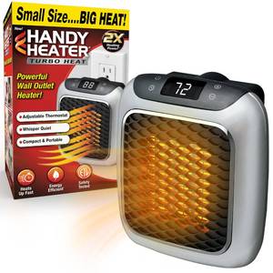 lot 56390 image: Handy Heater Turbo Wall Outlet Plug in Heater Portable Indoor Ceramic Space Heater wAdjustable Thermostat, 12-Hour Timer, Auto Shut Off, Quiet Plug In Wall for Office, Bedroom, Camping - Retail $30
