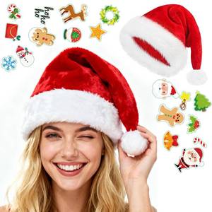 lot 56398 image: Santa Hat, Christmas Hat With 20 DIY Holiday Stickers, Santa Hats For Xmas New Year Christmas Party��Classic Red Adult�� - Retail $9