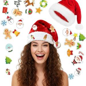 lot 56399 image: Santa Hat, Christmas Hat, Santa Hats Adult with 20 Diy Holiday Stickers for Xmas New Year Christmas Party (Classic Red Adult - Retail $7
