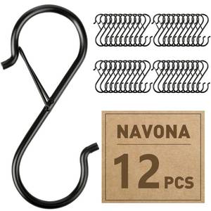 lot 56409 image: 12 Pcs S Hooks for Hanging Heavy Duty, 3.5-inch Heavy Duty Metal S Hook with Safety Buckle, Suitable for 0.5 inch Rods, S Hook for Hanging Plants, Closet, Kitchen Utensil, Pot, Pan, Bags - Retail $6