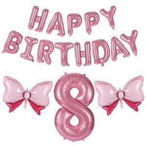 lot 56410 image: Bow Happy Birthday Number Balloons Set, 40in Aluminum Foil Pink Jumbo Bow Letter Balloons Banner for Girl Birthday Party Princess Coquette Party Decoration Supply (Number 8) - Retail $9