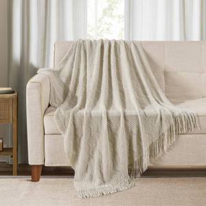 lot 56416 image: Beige Throw Blanket 50x60 Inches Throw Textured Solid Soft Ripple Throws and Blankets for Sofa or Bed Knitted Decorative - Retail $28