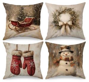 lot 56443 image: Vintage Christmas Pillow Covers 18x18 Set of 4, Winter Snowman Pillow Covers, Vintage Christmas Decor Gifts for Women, Snowman Decor - Retail $15