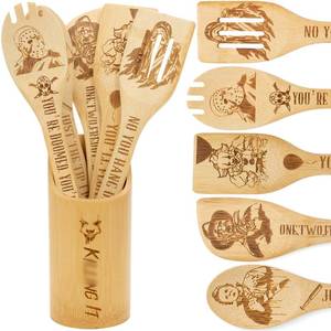 lot 56452 image: 6Pcs Horror Movie Character Cooking Gift Set Wooden Spoons Utensils with Matching Holder - Halloween Movie Merchandise Laser Engraved Bamboo Spoons Set for Halloween Film Gifts, Horror Decor for Party - Retail $17