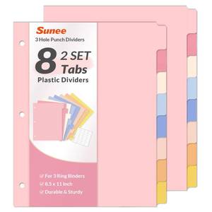 lot 56463 image: 8 Tab Binder Dividers, Plastic Dividers for 3 Ring Binder,3 Ring Binder Dividers with Tabs for School Office Home Supplies, Pastel Color - Retail $10