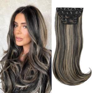 lot 56468 image: Black Mix Blonde Long Straight Layered Hair Extensions Soft Synthetic Clip in Hair Extensions Clip ins for Women - Retail $23