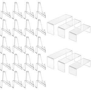 lot 62413 image: 38 Pcs Clear Table Display Stands Set Includes 6 Large Acrylic Book Risers Shelf Rectangular Cupcake Shelf 32 Acrylic Card Display Picture Holder Easel Stands for Dessert Coin Table Decor - Retail $24