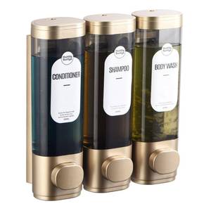 lot 62416 image: Shampoo and Conditioner Dispenser, Refillable Shower Soap Dispensers 3 Chamber No Drill Shampoo Dispenser for Shower Wall Mounted 3  300ml Container for Bathroom Hotel (Bronze Gold 3 Chamber), no lid - Retail $19