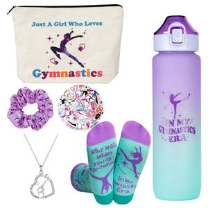 lot 62419 image: Gymnastics Gifts for Girls - Gymnastics Water Bottle, Cosmetic Bag, Necklace, Scrunchie, Socks, 50 Pcs Stickers - Gymnastics Party Favors for Girls, Birthday Gifts for Gymnastics Lovers - Retail $23