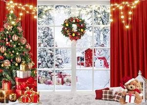 lot 62451 image: Christmas Window Backdrop 10x8ft Red Curtain Photography Backdrop Winter Xmas Party Banner Decorations Background Xmas Holiday Party Photo Booth D649 - Retail $21
