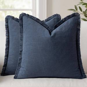 lot 62455 image: Set of 2 Decorative Throw Pillow Covers 18�18 Inch Soft Linen Fringe Farmhouse Boho Vintage Cushion Covers with Tassels Accent Pillowcase for Couch Sofa Bed Living Room Home Decor Navy Blue - Retail $26