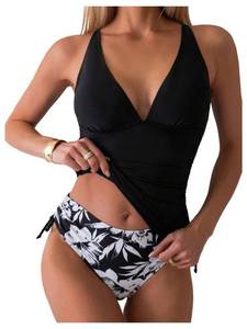 lot 62457 image: Womens Tummy Control Tankini Floral Print Ruched Side 2 Piece Bathing Suits Beach Black and White S - Retail $26