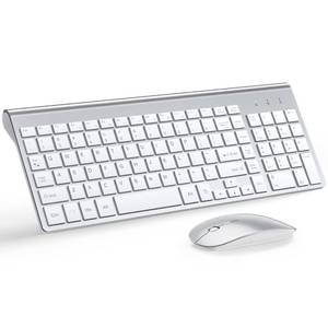 lot 62473 image: Wireless Keyboard and Mouse Ultra Slim Combo, TopMate 2.4G Silent Compact USB 2400DPI Mouse and Scissor Switch Keyboard Set with Cover, Batteries Included, for PCLaptopWindowsMac - Silver White - Retail $33