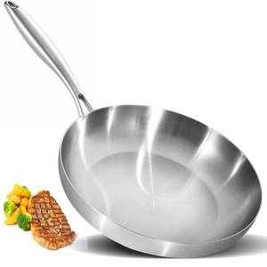 lot 62500 image: 12 Inch Tri-Ply Stainless Steel Frying Pan Professional Skillet Fast & Even Heating, Induction & Oven Safe Cookware for Modern Home Kitchens, Detachable Handle. Visible Use Needs Cleaning. - Retail $34