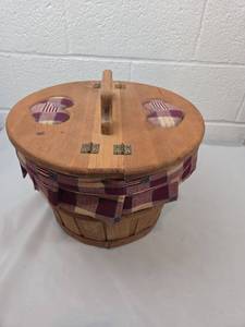 Handcrafted Wood Basket with Patriotic Fabric Liner and Heart Cutouts