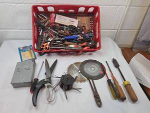 lot 22 image: Mixed Hand Tool Collection with Red Storage Basket