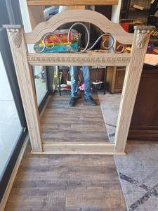 lot 29 image: Decorative Wood Frame Wall Mirror with Ornate Design