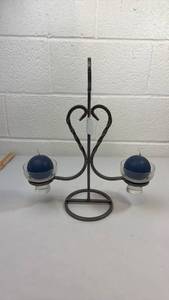 lot 33 image: Decorative Iron Heart Candle Holder with Blue Spherical Candles