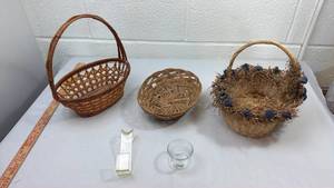 lot 99 image: Decorative Wicker Basket Collection with Glass Items