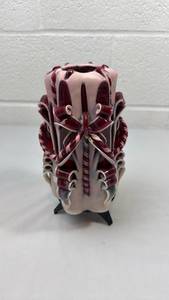 lot 114 image: Hand-Carved Decorative Pillar Candle - Burgundy and White