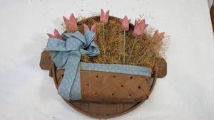 lot 158 image: Decorative Wooden Basket with Tulips and Blue Bow