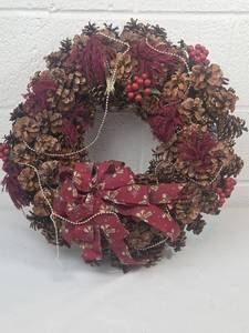 lot 169 image: Pine Cone Christmas Wreath with Burgundy Accents