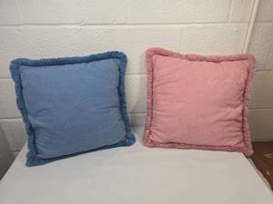 lot 181 image: Fringe Trim Decorative Pillows - Blue and Pink Set