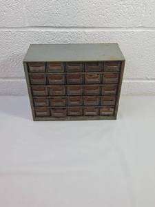 lot 186 image: 25 Drawer Metal Parts Storage Cabinet with miscellaneous content