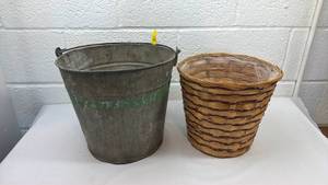 lot 205 image: Metal Bucket and Woven Waste Basket Set