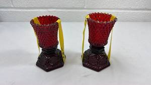 lot 245 image: Ruby Red Diamond Point Glass Votive Holders