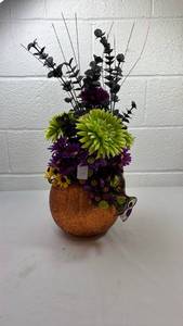 lot 265 image: Textured Terracotta Vase with Mixed Flower Arrangement