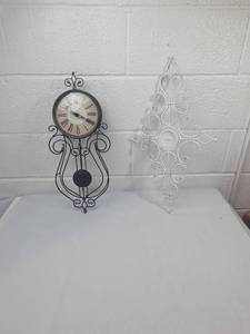 lot 281 image: Wrought Iron Pendulum Wall Clock with White Metal Wall Decor
