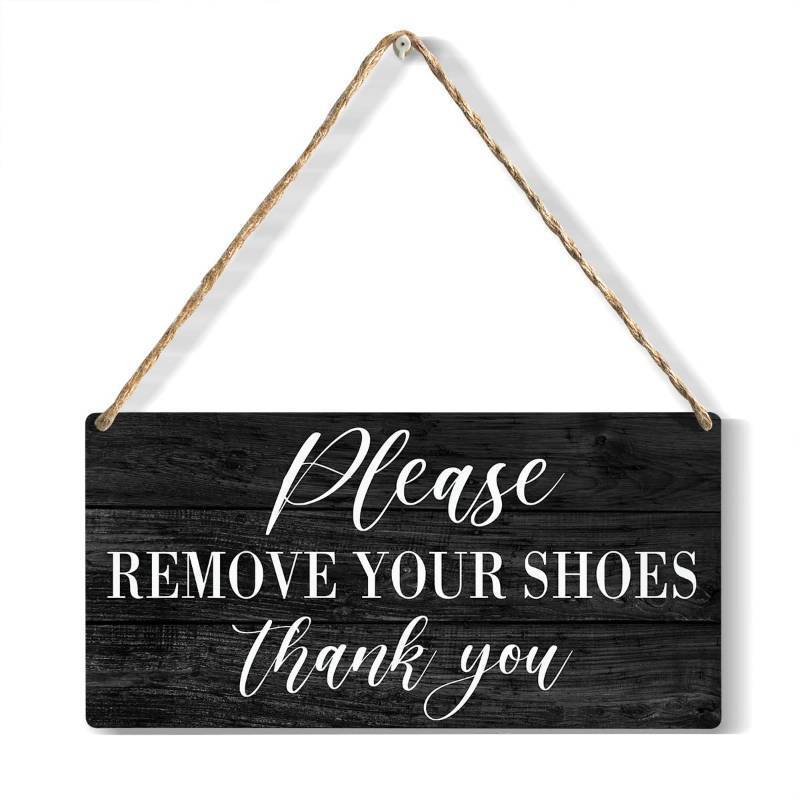 lot 26248 image: Please Remove Your Shoes Thank You compression Wood Sign Rustic Shoes off Compression Wood Hanging Plaque for Home Wall Art Decoration 6 x 12 Inches Present - Retail $10