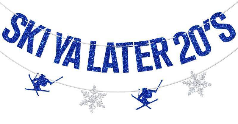 lot 26361 image: Ski Ya Later 20s Banner, Skiing Birthday Party Decorations, Ski Themed 30th Birthday Decoration Supplies, Winter Sport Bday Decor Blue Glitter - Retail $10