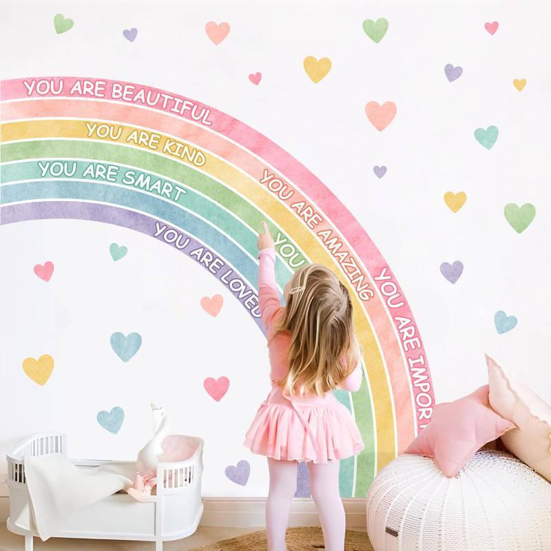 lot 26368 image: Large Rainbow Wall Sticker Watercolors Inspirational Wall Decal Baby Girls Bedroom Walls Decor Half Rainbow Decals Peel and Stick Pastel Pink Vinyl Art Mural Sticker for Toddler Playroom Kids Nursery - Retail $21