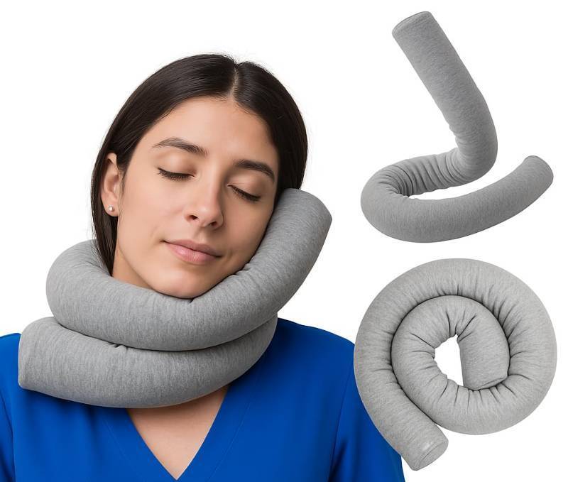 lot 26369 image: Dot&Dot Twist Memory Foam Travel Pillow for Neck, Chin, Lumbar and Leg Support - Cotton Cover Snap Closure Grey - Retail $40
