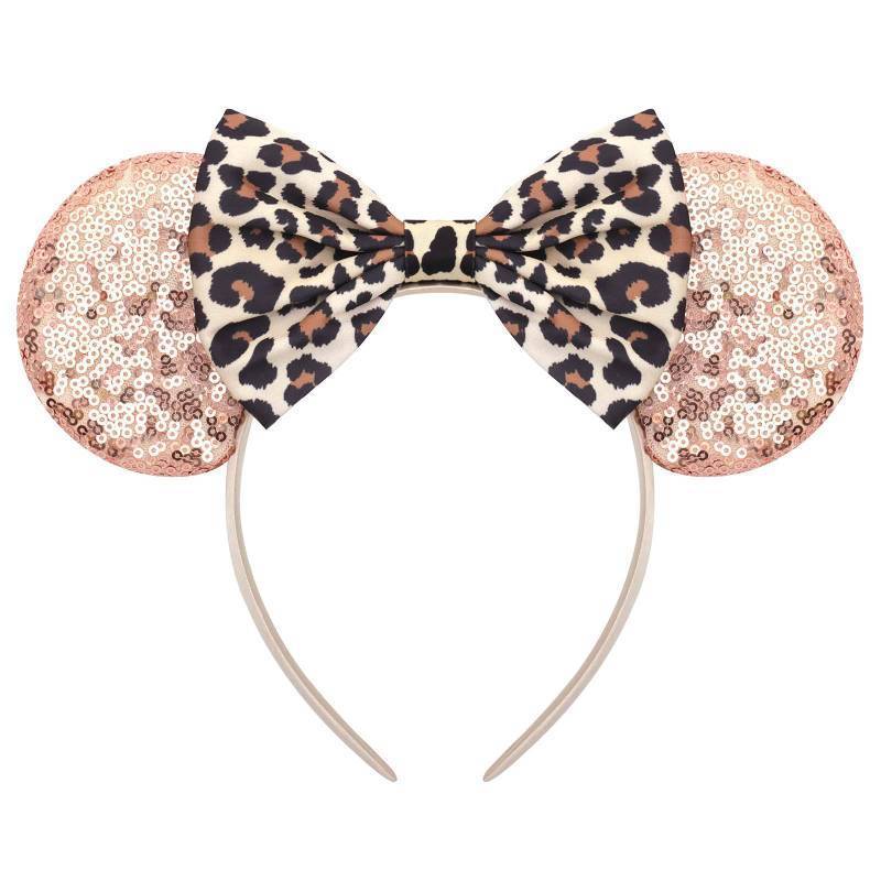 lot 16059 image: Handmade Mouse Ears Headband for Women and Ladies, Glitter Minnie Ears Costume Accessories(Champagne Leopard) - Retail $10
