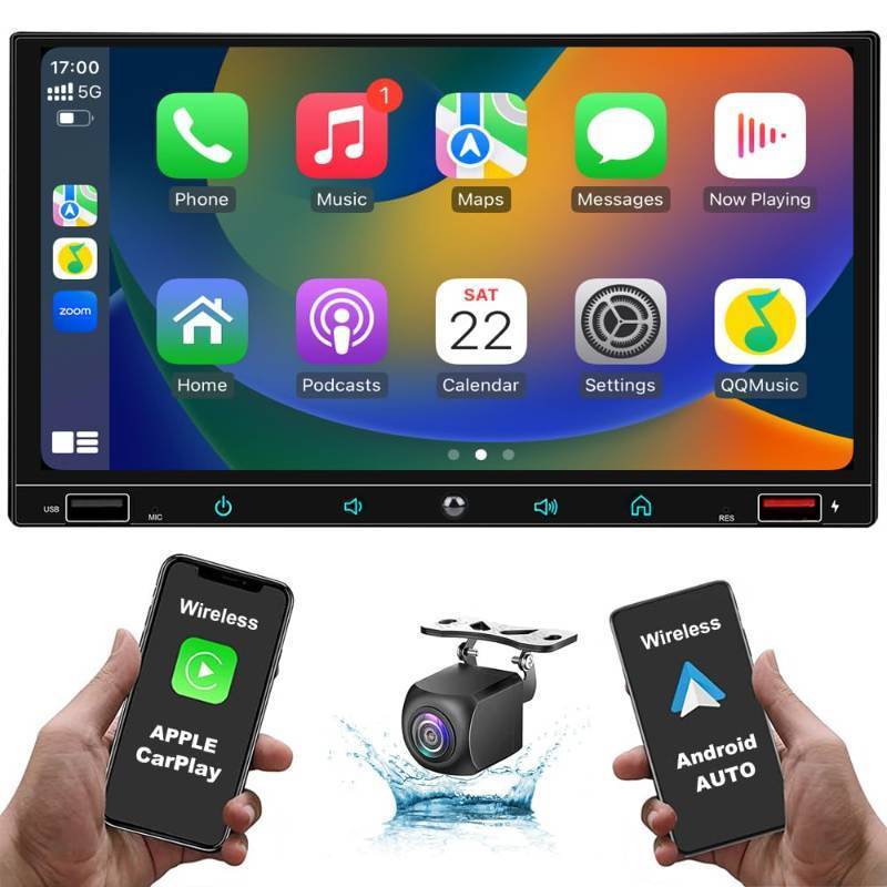 lot 16065 image: Double Din Car Stereo for Wireless Apple Carplay&Android Auto,7Inch Touch Screen Car Audio Compatible Voice ControlBackup CameraBluetooth5.2MirrorLinkSWCAMFM2USBAUXMICDSP (Touchcam1) - Retail $51