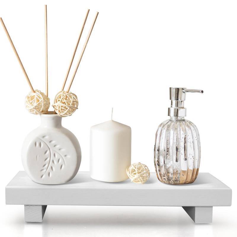 lot 16075 image: White Wooden Bathroom Tray Wood Riser Pedestal Stand Dish Soap Dispenser Holder for Kitchen Counter Bathroom Decor Decorative Kitchen Sink Countertop Trays Farmhouse Organizer Accessories Vanity Tray - Retail $12