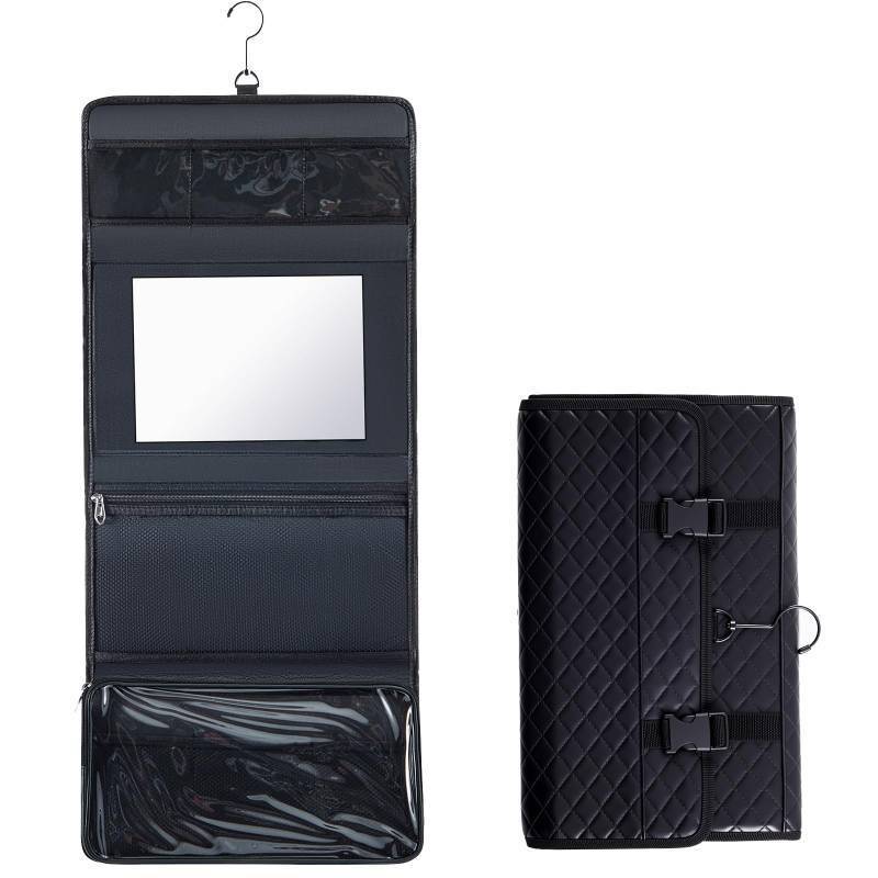 lot 16085 image: Travel Hanging Toiletry Bag with Mirror Leather Travel Hanging Mirror Foldable Dance Competition Makeup Bag Backstage Cosmetic Organizer for Traveling Dancers Spa(Classic, Black) - Retail $30