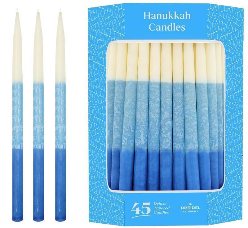 lot 55208 image: The Dreidel Company Dripless Deluxe Tapered Pastel, Blue and White Decorations, 1-Hour Burn Time Hanukkah Menorah Candles for All 8 Nights of Chanukah - Retail $14
