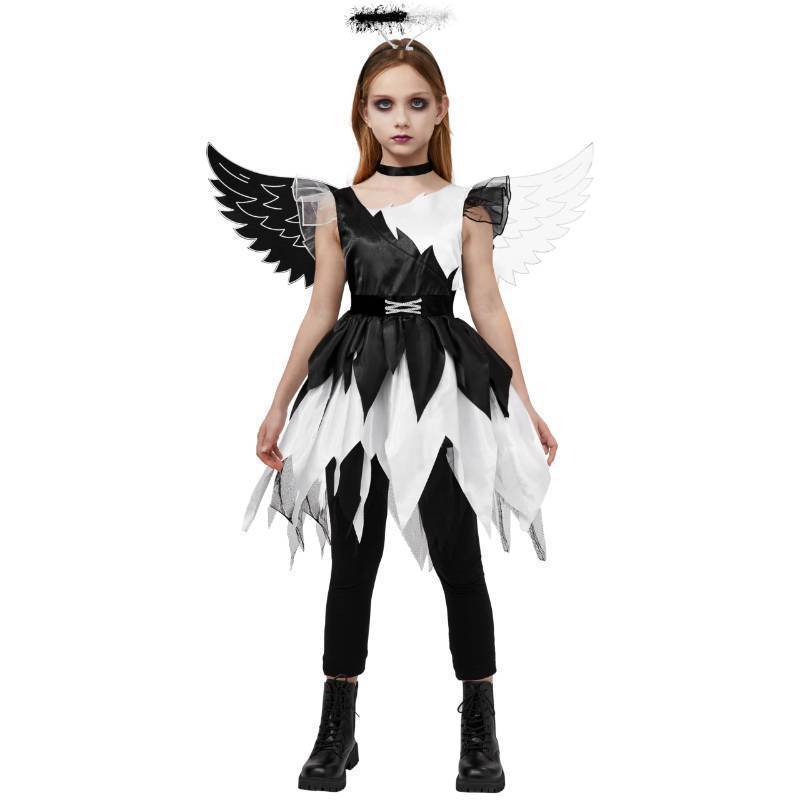 lot 55240 image: Spooktacular Creations Child Twisted Angel Costume, Girls Half Angel Half Devil Dress, Kids Outfit Set with Wings and Headband for Halloween Party Role Play, L - Retail $27