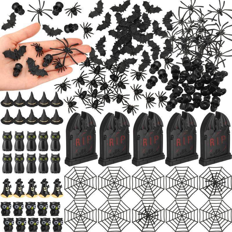 lot 25338 image: 150 Pcs Halloween Miniatures Figurines Halloween Mini Resin Figures Small Tombstones Bats Spiders Skull Spider Webs Miniatures Bulk for Party Favors Bag Fillers Garden Decor