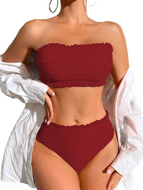 lot 26434 image: Women Strapless Bandeau Bikini Shell 2 Piece Swimwear Cheeky Solid Lace up Pom Bathing Suits 9-Red L - Retail $15