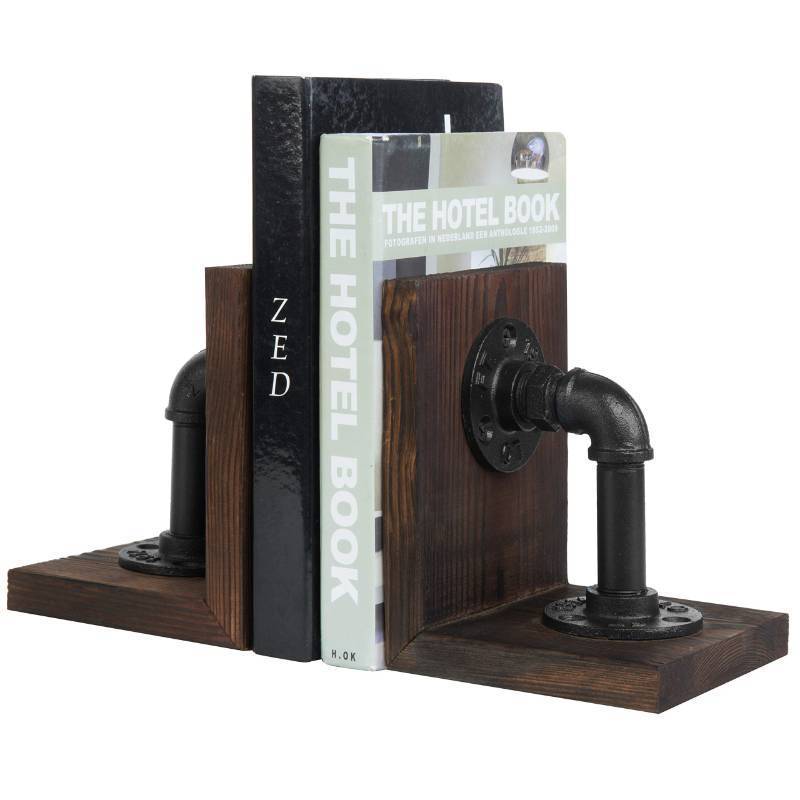 lot 26467 image: Book Ends Decorative, Bookends for Shelves, Metal Bookends for Heavy Books, Office Decor for Men, Wood Book Stopper, Realistic Industrial Pipe Design, Dark Brown - Retail $35